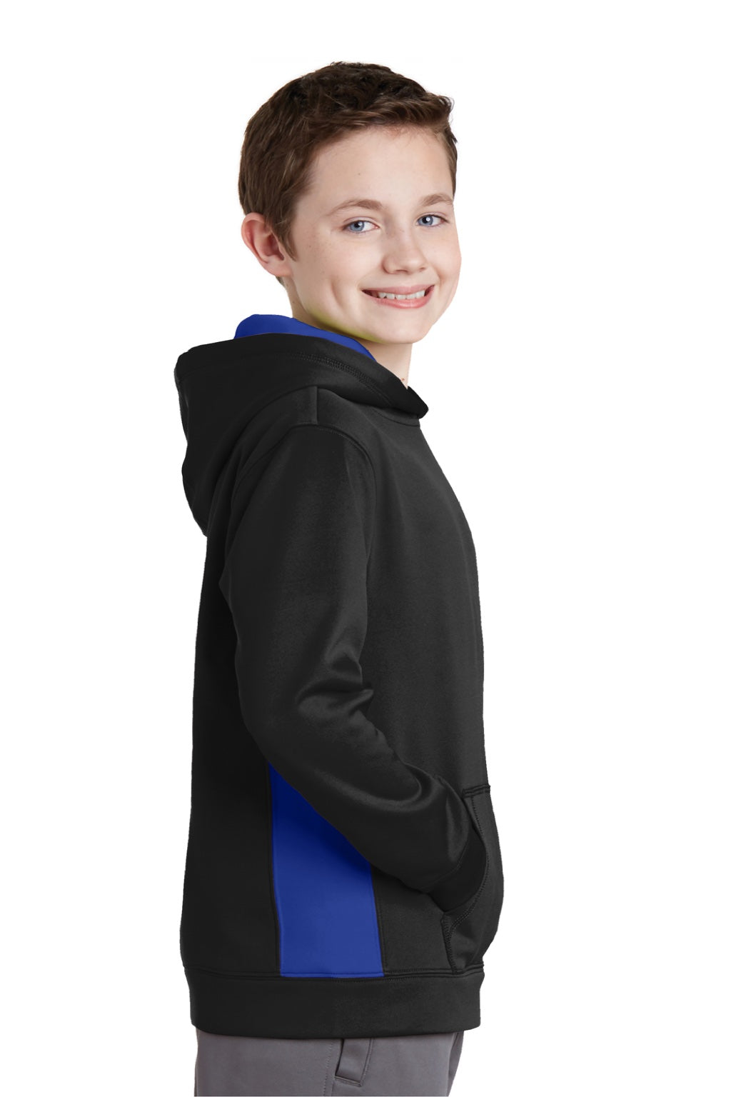 Sport-Tek YST235 Youth Sport-Wick Moisture Wicking Fleece Hooded Sweatshirt Hoodie w/ Pouch Pocket Black/True Royal Blue Model Side