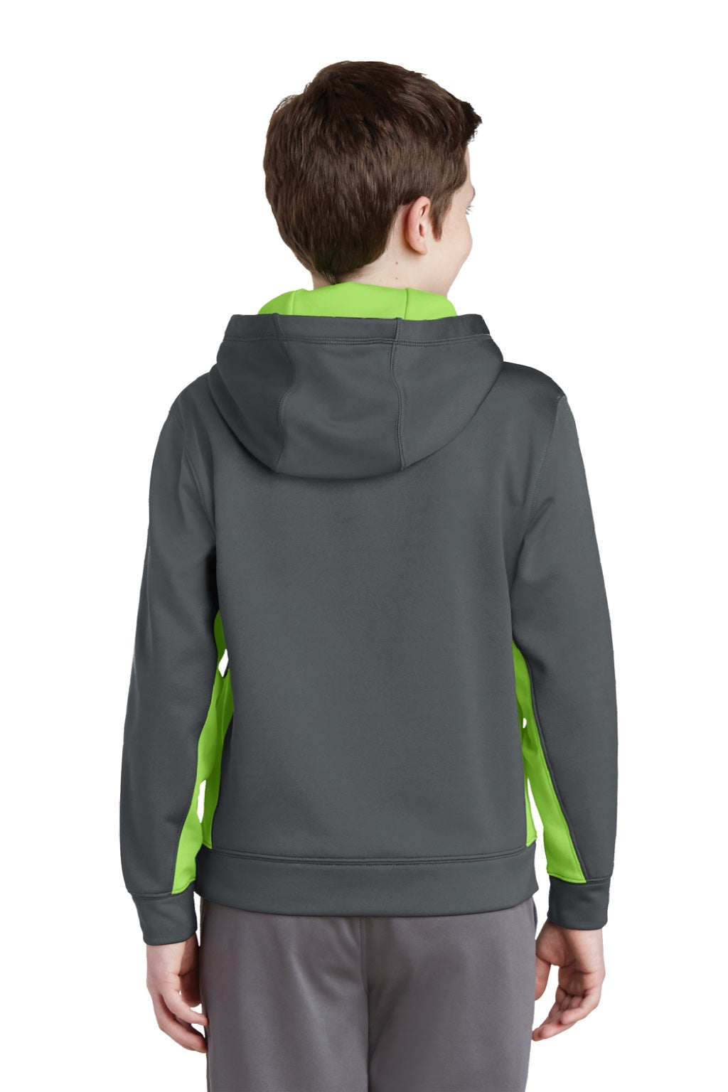 Sport-Tek YST235 Youth Sport-Wick Moisture Wicking Fleece Hooded Sweatshirt Hoodie w/ Pouch Pocket Dark Smoke Grey/Lime Shock Green Model Back