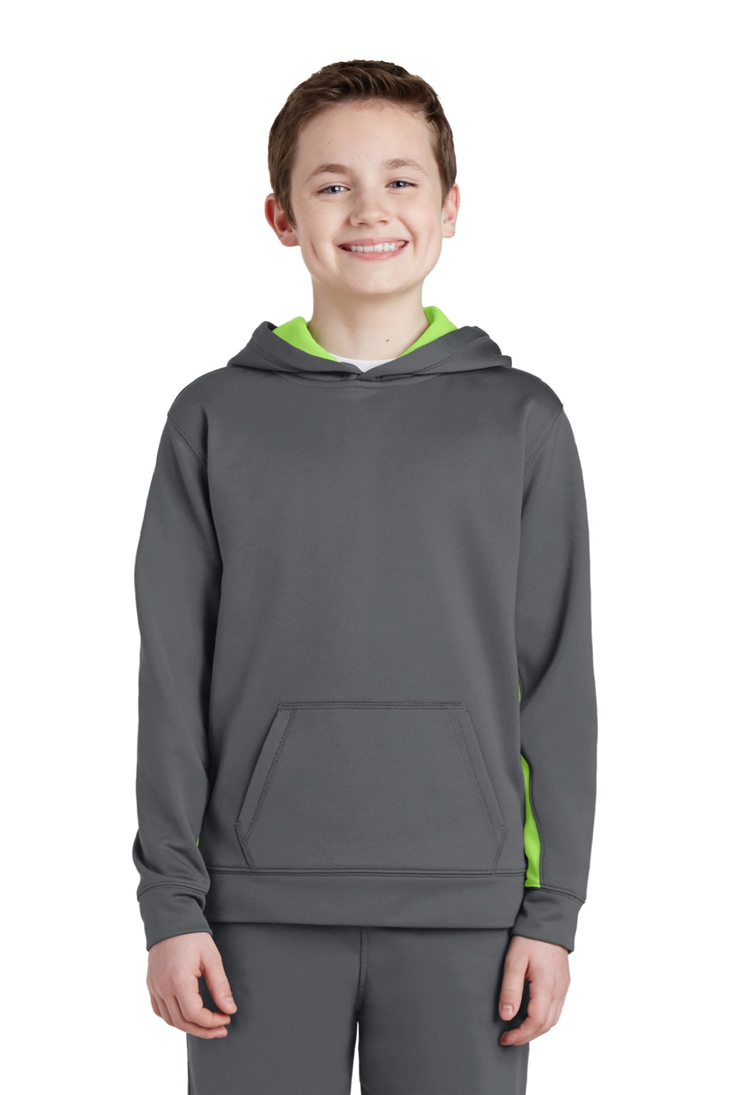 Sport-Tek YST235 Youth Sport-Wick Moisture Wicking Fleece Hooded Sweatshirt Hoodie w/ Pouch Pocket Dark Smoke Grey/Lime Shock Green Model Front