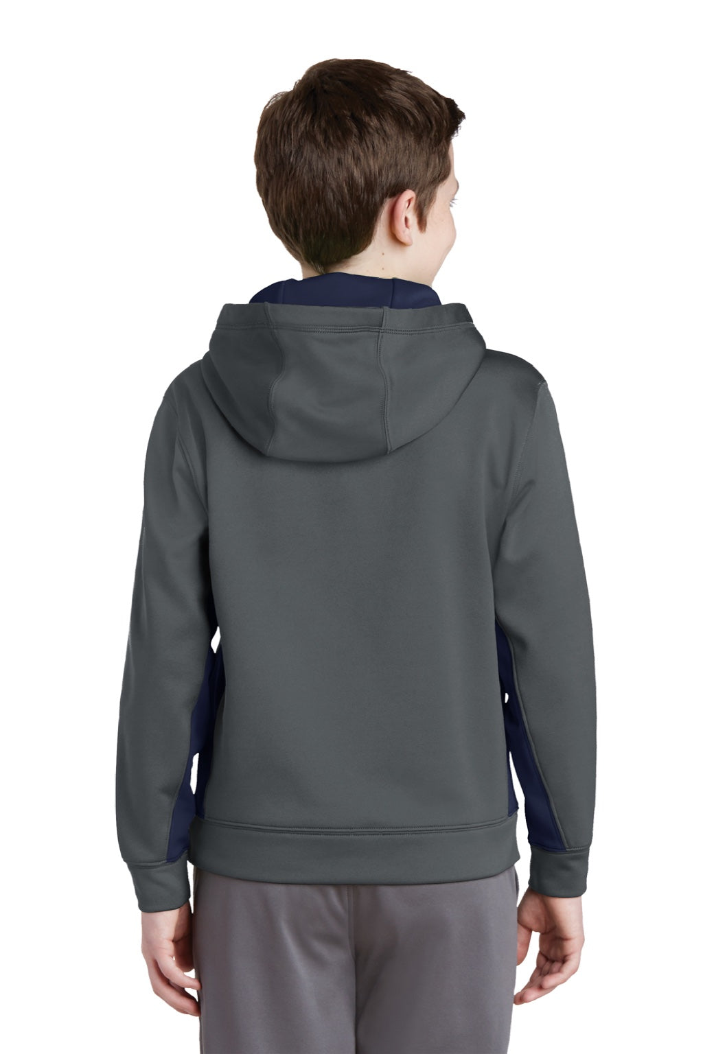 Sport-Tek YST235 Youth Sport-Wick Moisture Wicking Fleece Hooded Sweatshirt Hoodie w/ Pouch Pocket Dark Smoke Grey/True Navy Blue Model Back