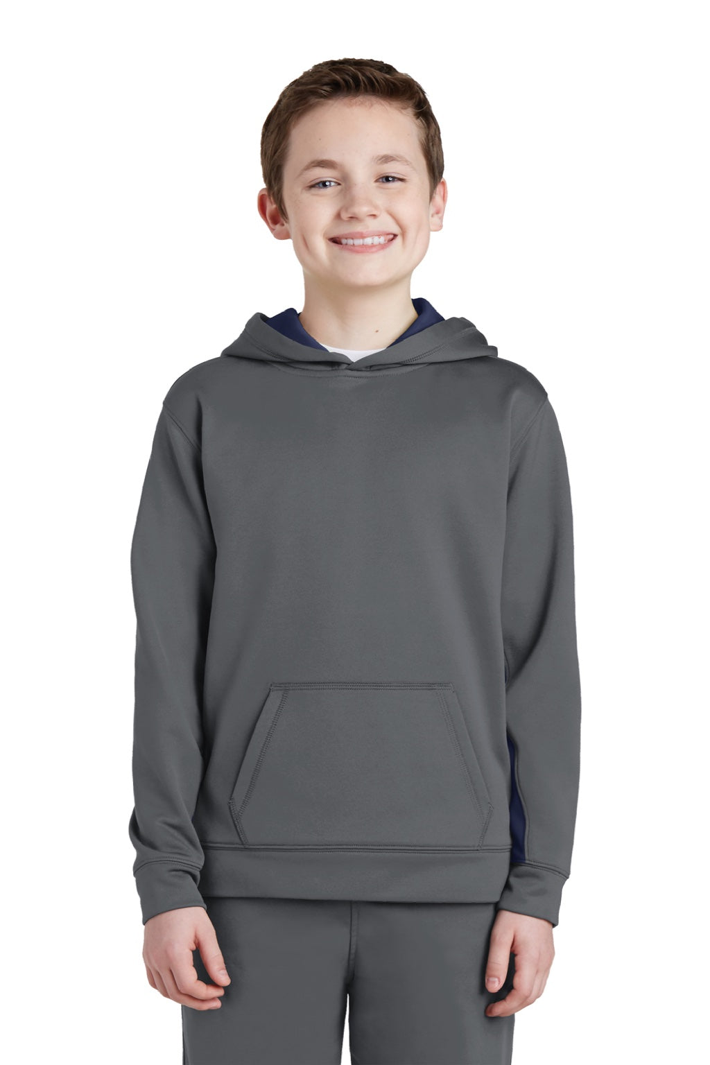 Sport-Tek YST235 Youth Sport-Wick Moisture Wicking Fleece Hooded Sweatshirt Hoodie w/ Pouch Pocket Dark Smoke Grey/True Navy Blue Model Front