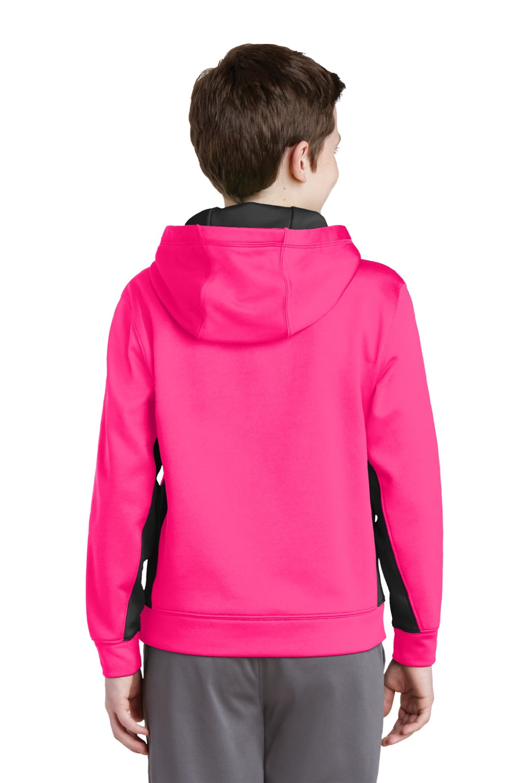 Sport-Tek YST235 Youth Sport-Wick Moisture Wicking Fleece Hooded Sweatshirt Hoodie w/ Pouch Pocket Neon Pink/Black Model Back