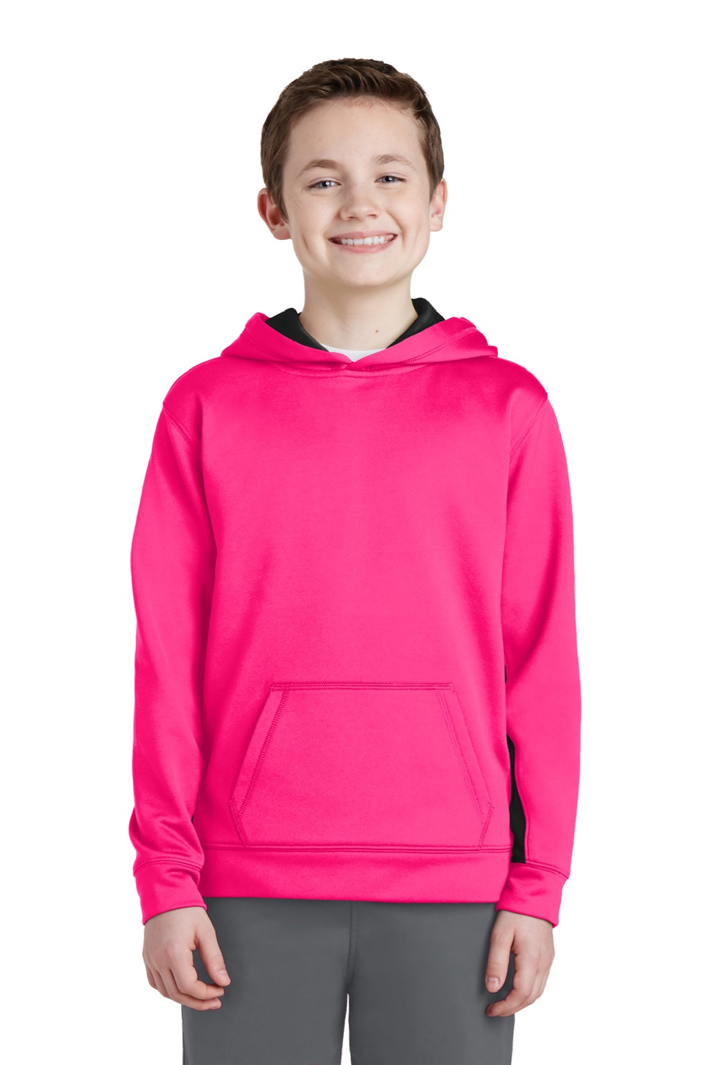 Sport-Tek YST235 Youth Sport-Wick Moisture Wicking Fleece Hooded Sweatshirt Hoodie w/ Pouch Pocket Neon Pink/Black Model Front
