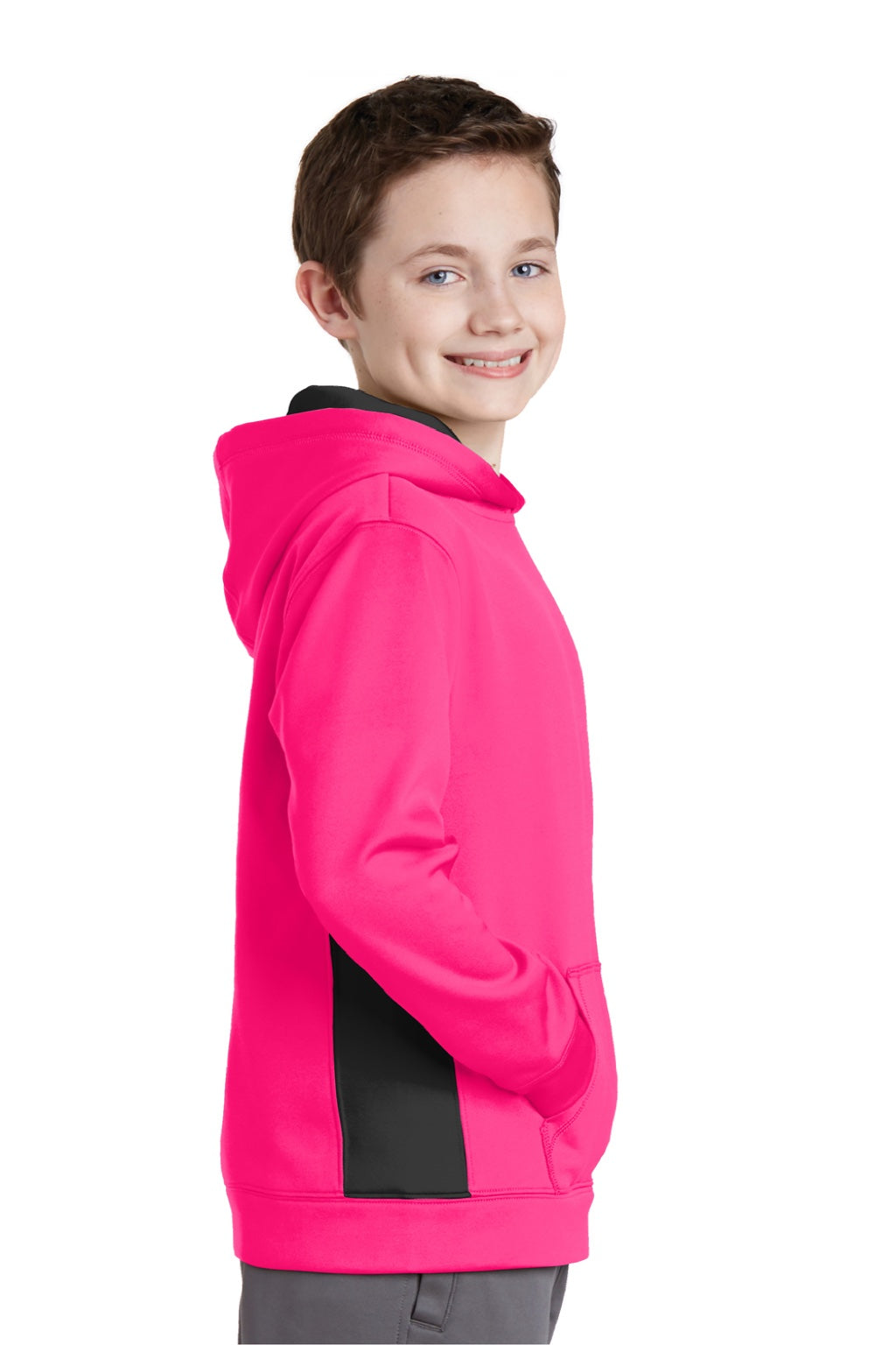 Sport-Tek YST235 Youth Sport-Wick Moisture Wicking Fleece Hooded Sweatshirt Hoodie w/ Pouch Pocket Neon Pink/Black Model Side