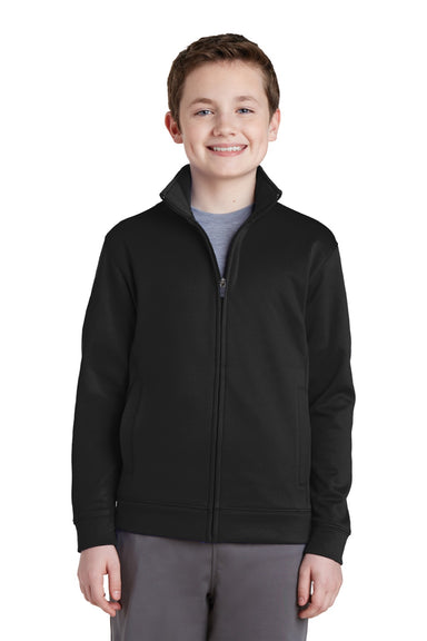 Sport-Tek YST241 Youth Sport-Wick Moisture Wicking Fleece Full Zip Sweatshirt w/ Pockets Black Model Front