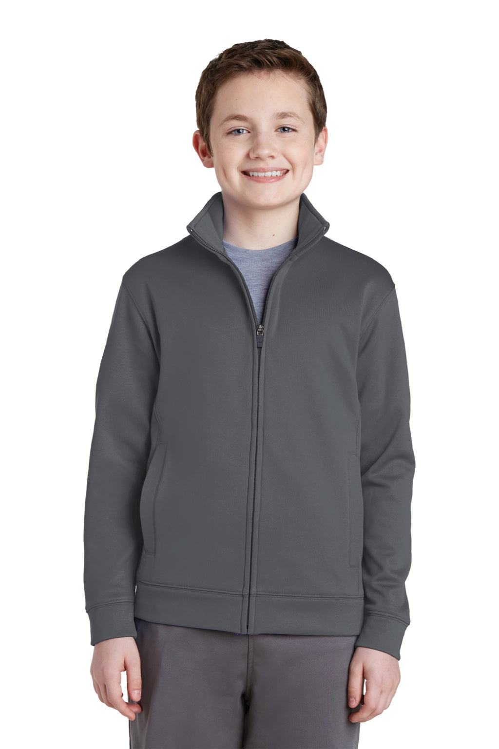 Sport-Tek YST241 Youth Sport-Wick Moisture Wicking Fleece Full Zip Sweatshirt w/ Pockets Dark Smoke Grey Model Front