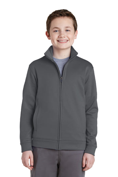 Sport-Tek YST241 Youth Sport-Wick Moisture Wicking Fleece Full Zip Sweatshirt w/ Pockets Dark Smoke Grey Model Front