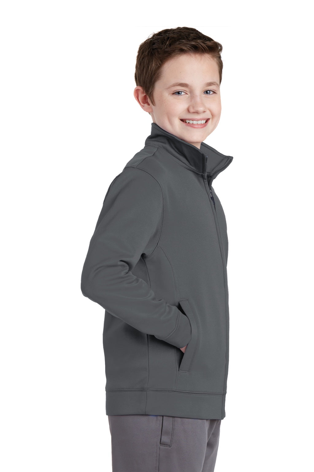 Sport-Tek YST241 Youth Sport-Wick Moisture Wicking Fleece Full Zip Sweatshirt w/ Pockets Dark Smoke Grey Model Side