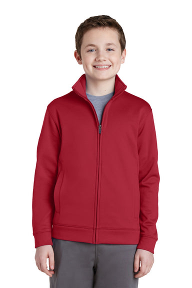 Sport-Tek YST241 Youth Sport-Wick Moisture Wicking Fleece Full Zip Sweatshirt w/ Pockets Deep Red Model Front