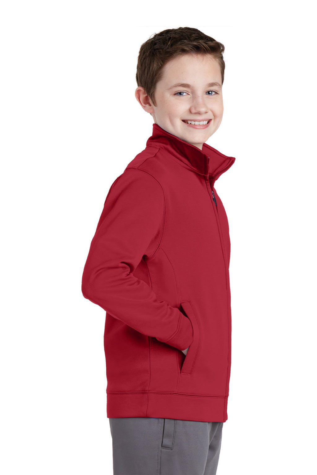 Sport-Tek YST241 Youth Sport-Wick Moisture Wicking Fleece Full Zip Sweatshirt w/ Pockets Deep Red Model Side