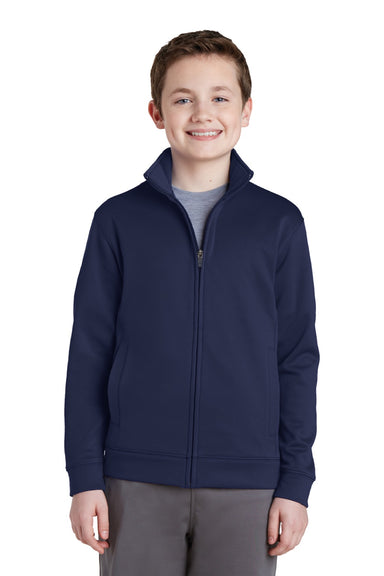 Sport-Tek YST241 Youth Sport-Wick Moisture Wicking Fleece Full Zip Sweatshirt w/ Pockets Navy Blue Model Front