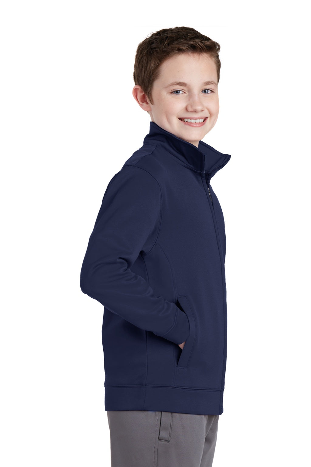Sport-Tek YST241 Youth Sport-Wick Moisture Wicking Fleece Full Zip Sweatshirt w/ Pockets Navy Blue Model Side