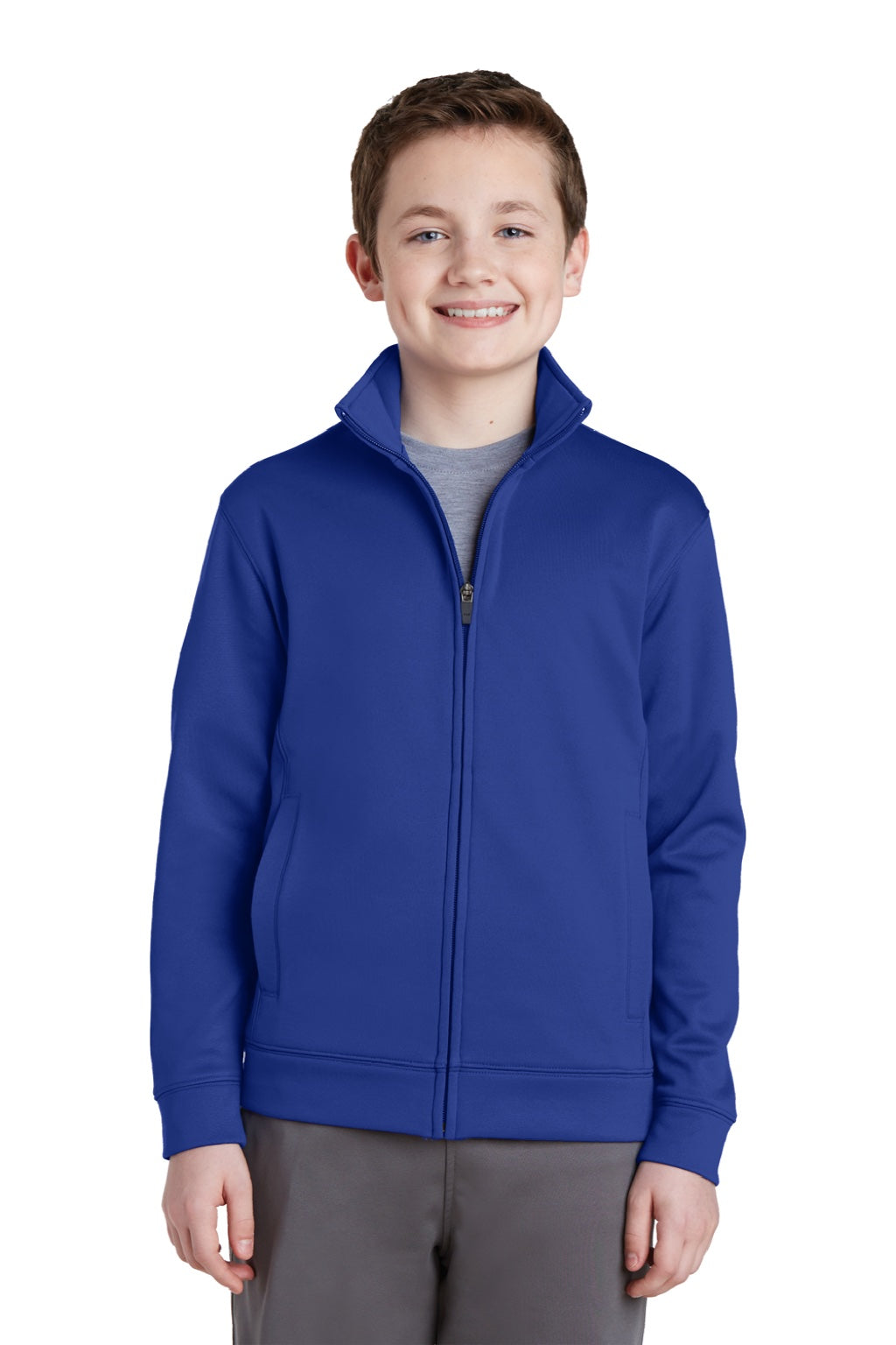 Sport-Tek YST241 Youth Sport-Wick Moisture Wicking Fleece Full Zip Sweatshirt w/ Pockets True Royal Blue Model Front