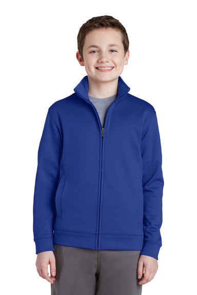 Sport-Tek YST241 Youth Sport-Wick Moisture Wicking Fleece Full Zip Sweatshirt w/ Pockets True Royal Blue Model Front