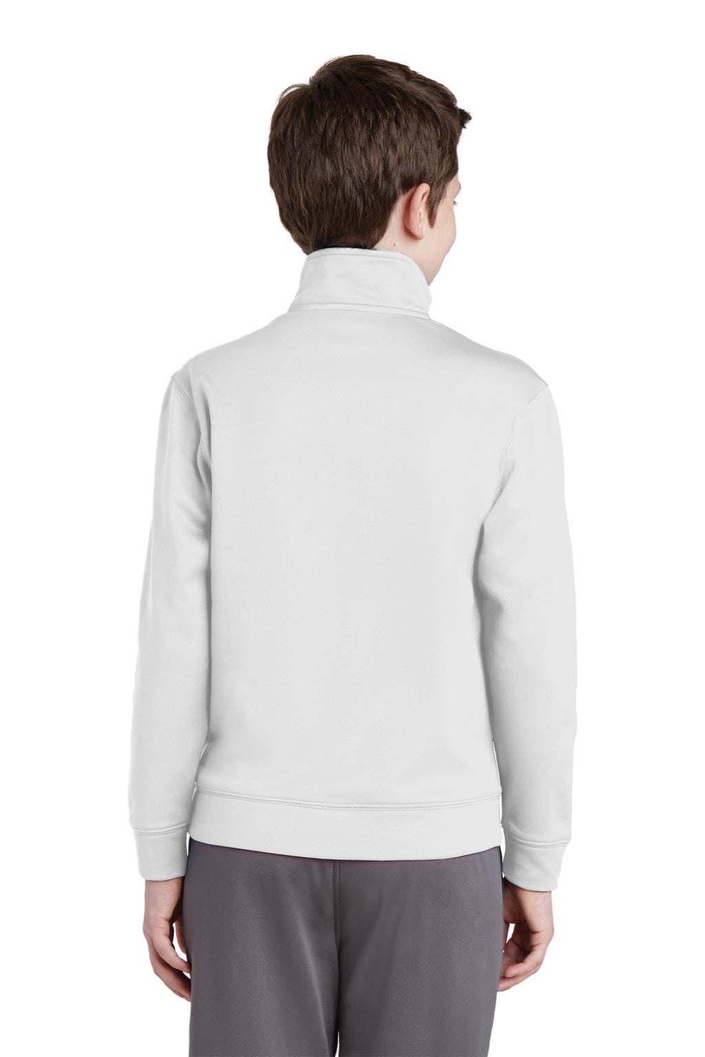 Sport-Tek YST241 Youth Sport-Wick Moisture Wicking Fleece Full Zip Sweatshirt w/ Pockets White Model Back