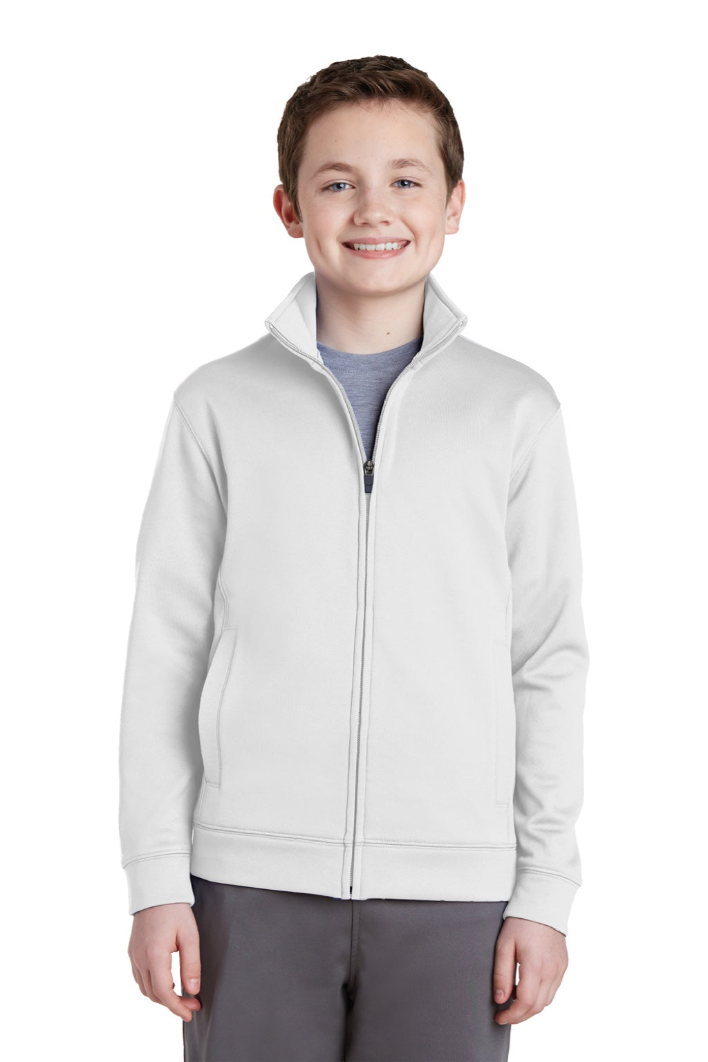Sport-Tek YST241 Youth Sport-Wick Moisture Wicking Fleece Full Zip Sweatshirt w/ Pockets White Model Front