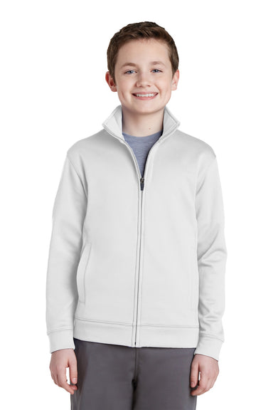 Sport-Tek YST241 Youth Sport-Wick Moisture Wicking Fleece Full Zip Sweatshirt w/ Pockets White Model Front