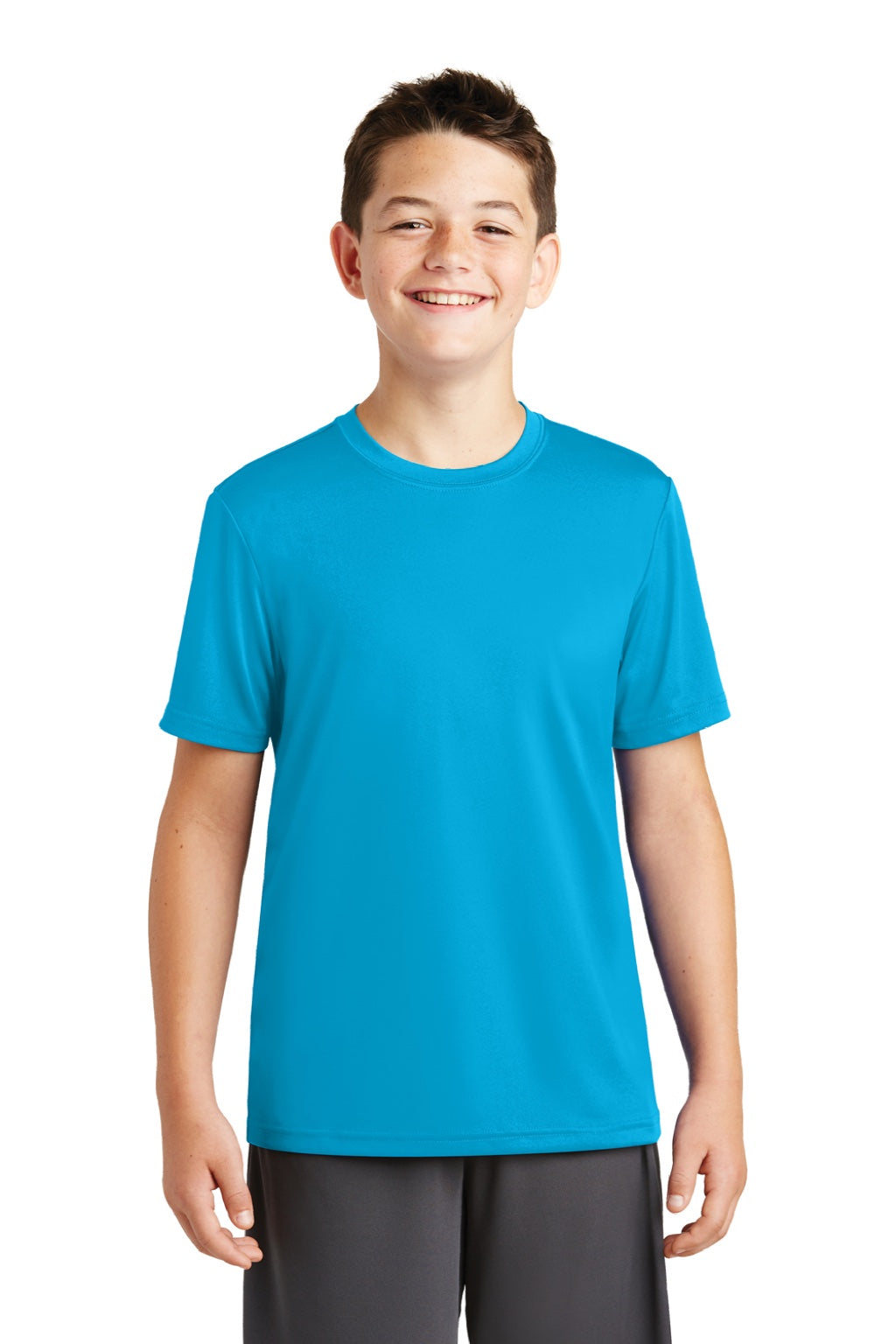 Sport-Tek YST320 Youth Tough Moisture Wicking Short Sleeve Crewneck T-Shirt Atomic Blue Model Front