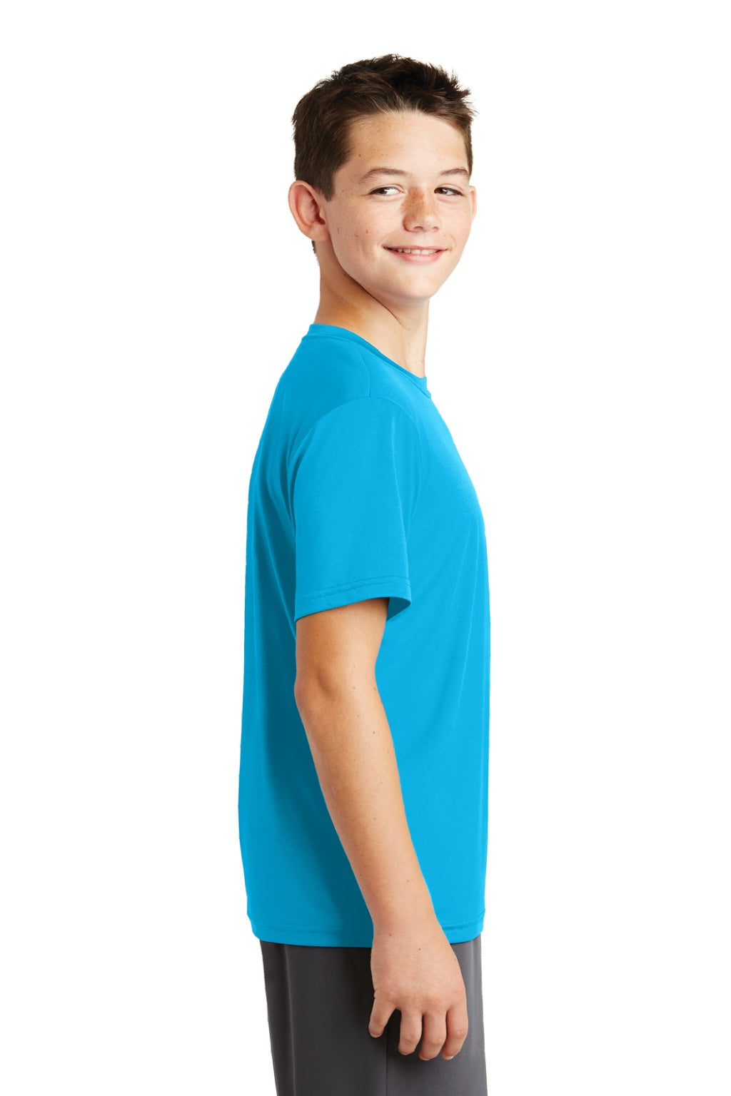 Sport-Tek YST320 Youth Tough Moisture Wicking Short Sleeve Crewneck T-Shirt Atomic Blue Model Side