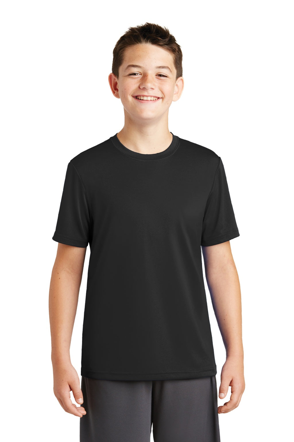 Sport-Tek YST320 Youth Tough Moisture Wicking Short Sleeve Crewneck T-Shirt Black Model Front