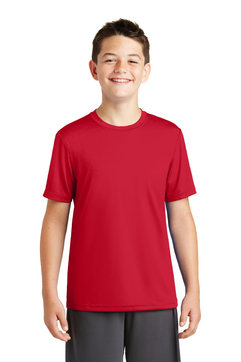 Sport-Tek YST320 Youth Tough Moisture Wicking Short Sleeve Crewneck T-Shirt Deep Red Model Front