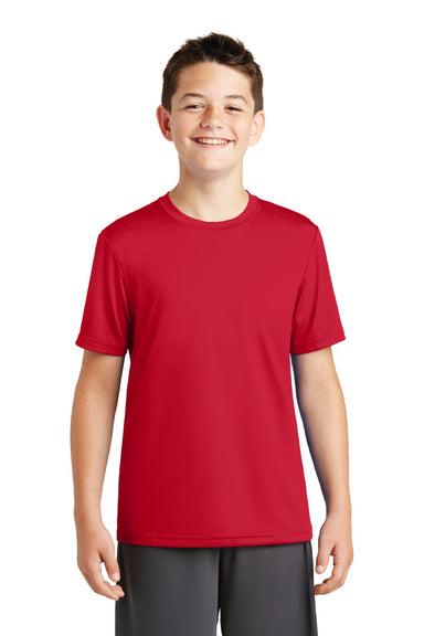 Sport-Tek YST320 Youth Tough Moisture Wicking Short Sleeve Crewneck T-Shirt Deep Red Model Front