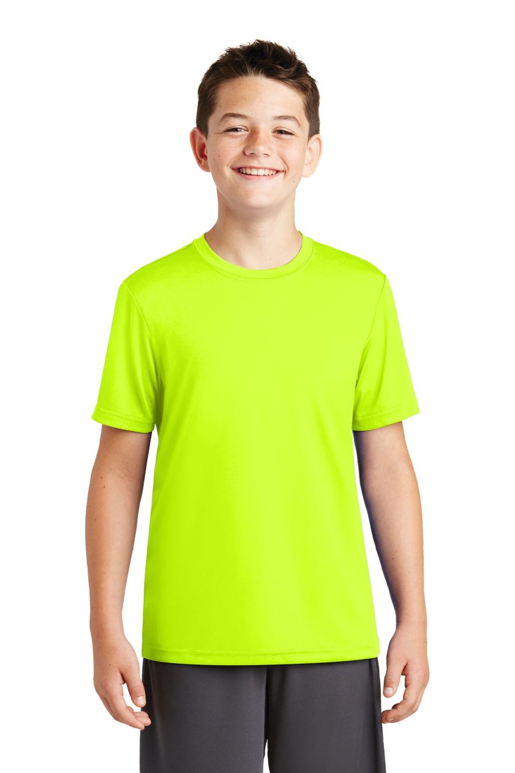 Sport-Tek YST320 Youth Tough Moisture Wicking Short Sleeve Crewneck T-Shirt Neon Yellow Model Front