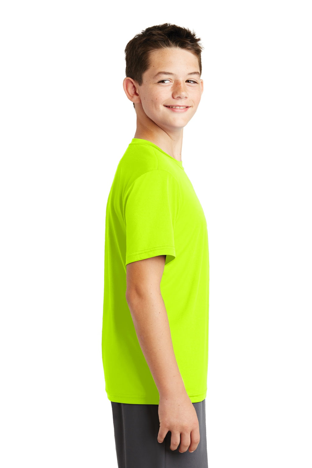 Sport-Tek YST320 Youth Tough Moisture Wicking Short Sleeve Crewneck T-Shirt Neon Yellow Model Side