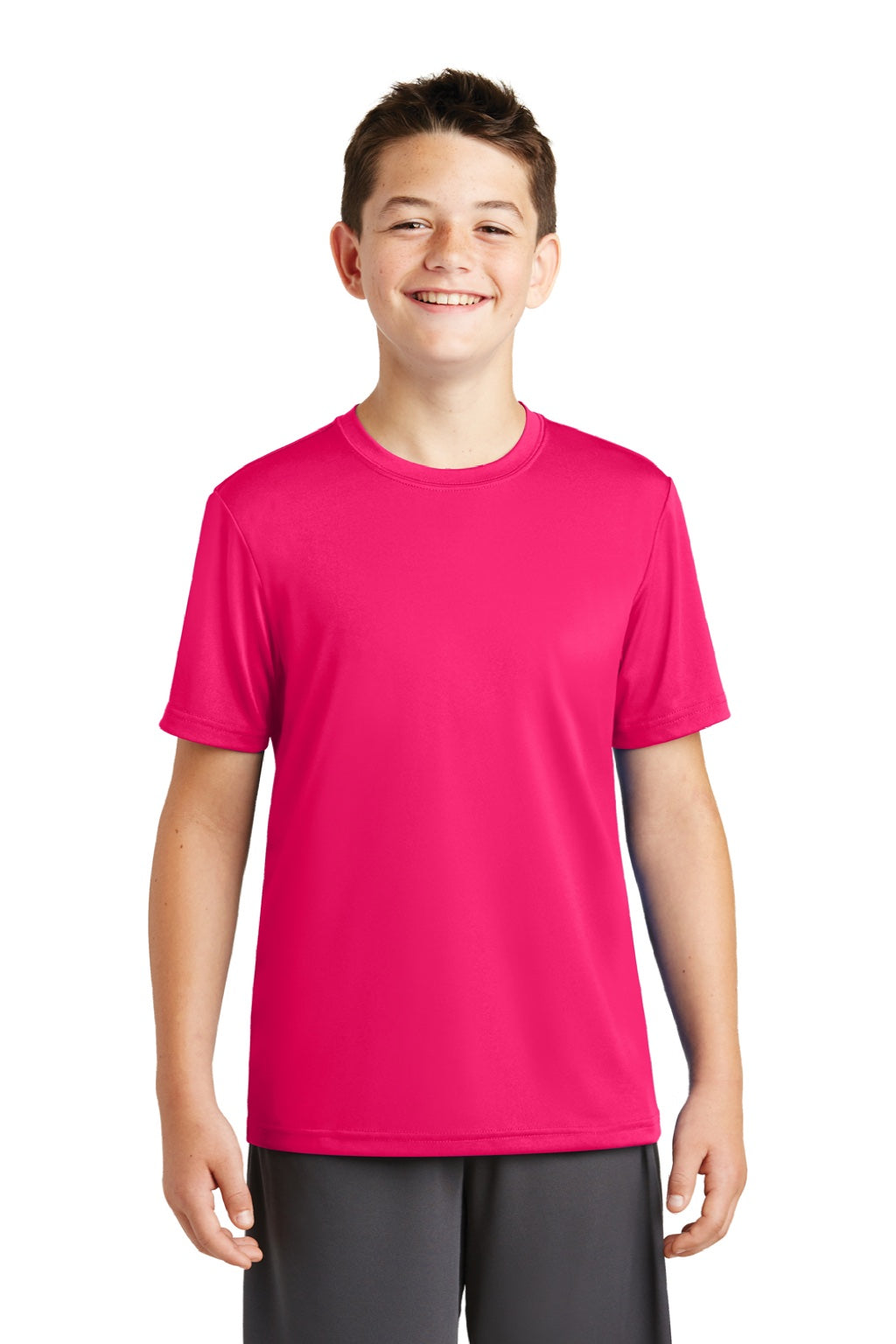 Sport-Tek YST320 Youth Tough Moisture Wicking Short Sleeve Crewneck T-Shirt Raspberry Pink Model Front