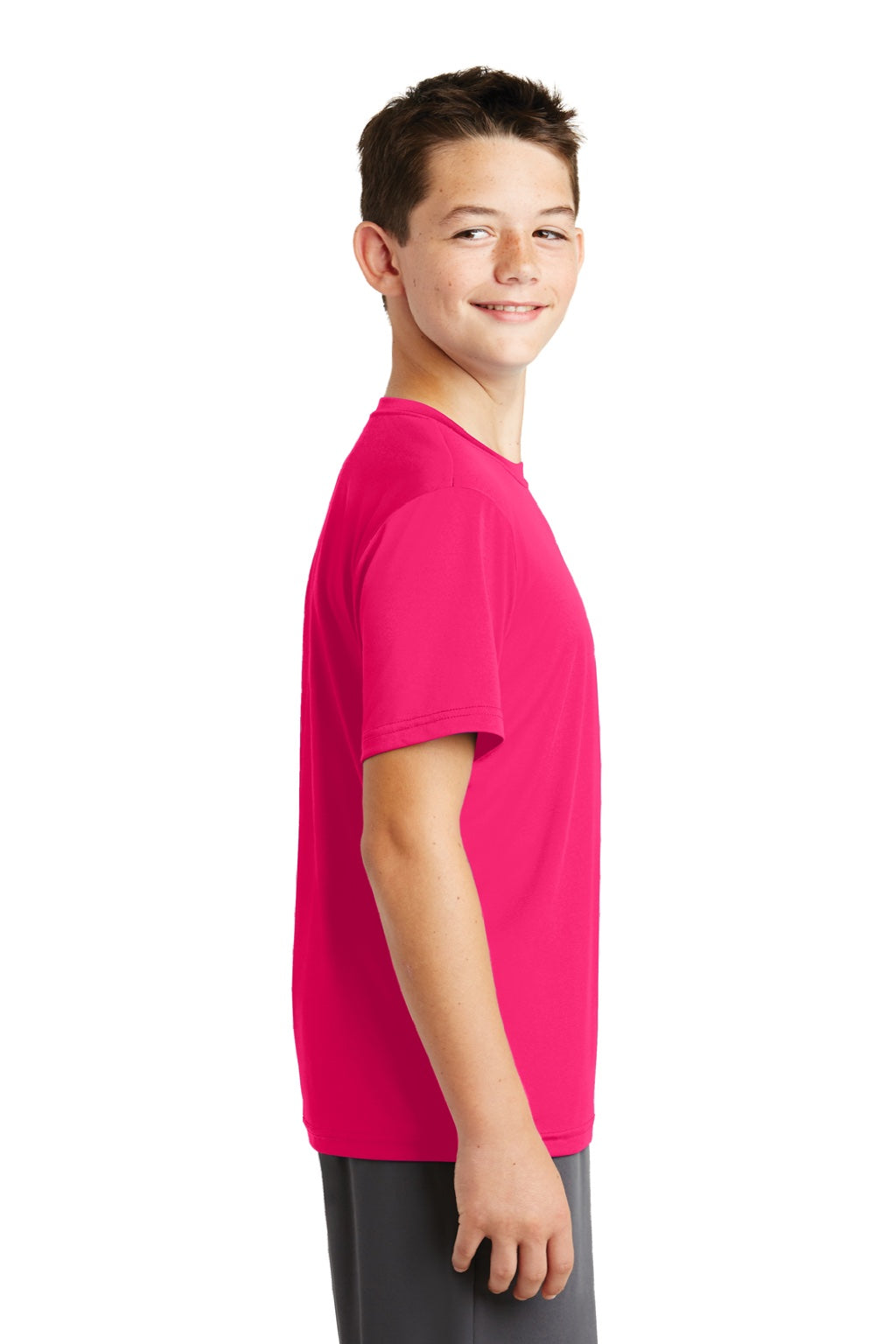 Sport-Tek YST320 Youth Tough Moisture Wicking Short Sleeve Crewneck T-Shirt Raspberry Pink Model Side