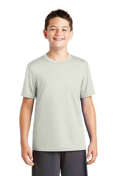 Sport-Tek YST320 Youth Tough Moisture Wicking Short Sleeve Crewneck T-Shirt Silver Grey Model Front
