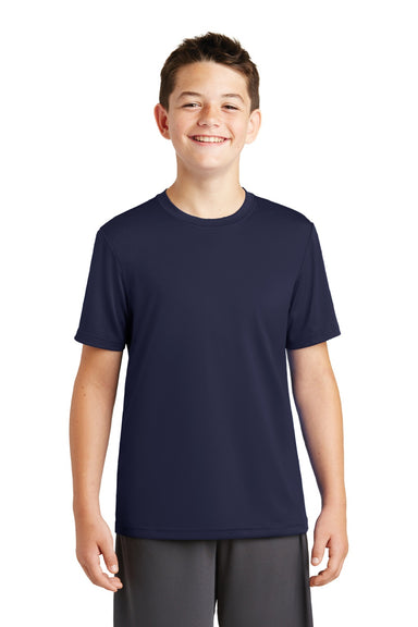 Sport-Tek YST320 Youth Tough Moisture Wicking Short Sleeve Crewneck T-Shirt True Navy Blue Model Front