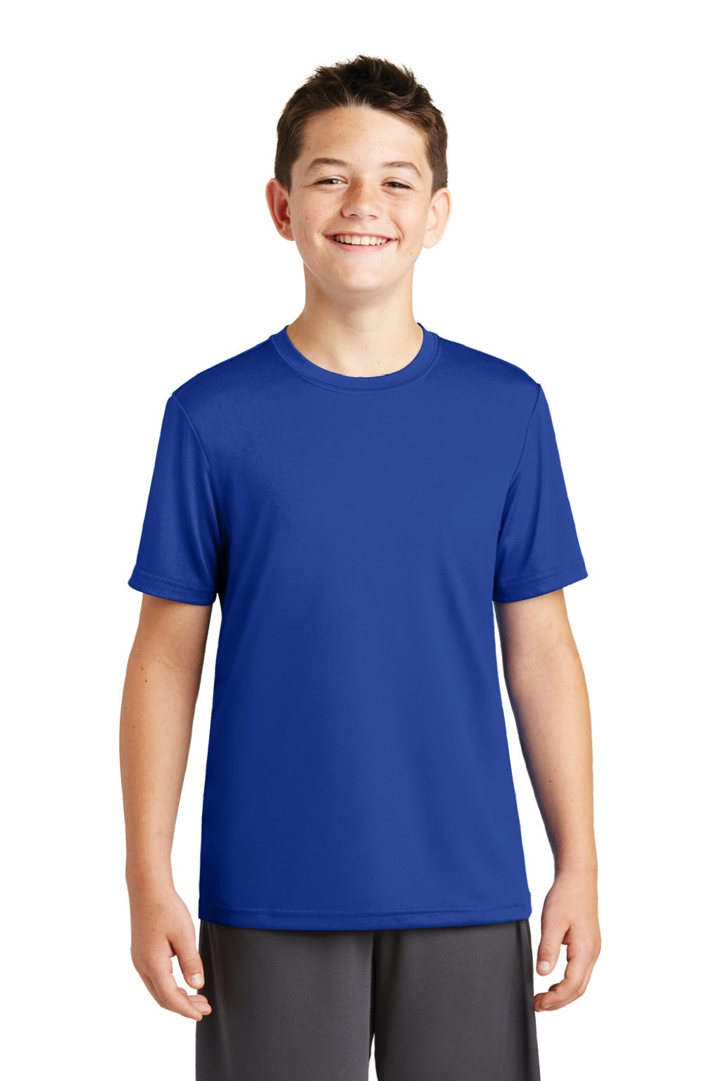 Sport-Tek YST320 Youth Tough Moisture Wicking Short Sleeve Crewneck T-Shirt True Royal Blue Model Front