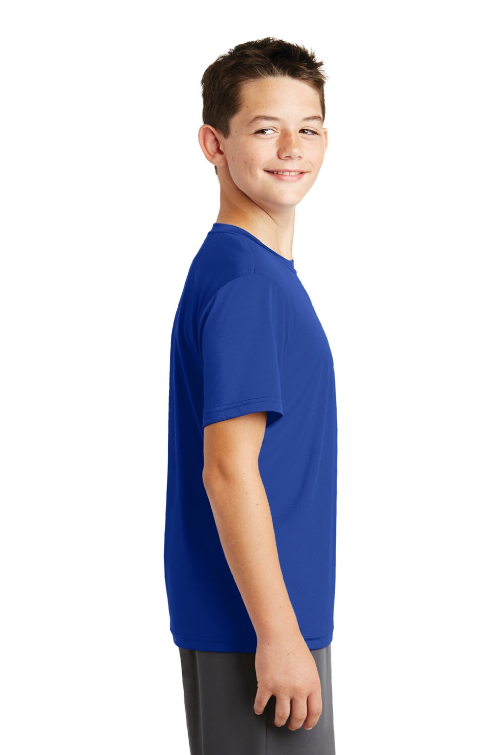 Sport-Tek YST320 Youth Tough Moisture Wicking Short Sleeve Crewneck T-Shirt True Royal Blue Model Side