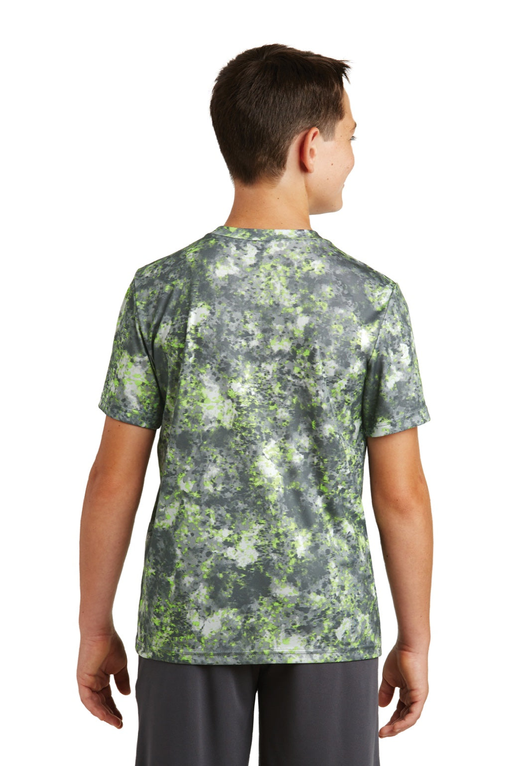 Sport-Tek YST330 Youth Mineral Freeze Moisture Wicking Short Sleeve Crewneck T-Shirt Lime Shock Green Model Back