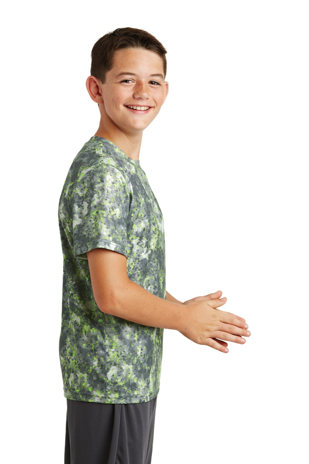 Sport-Tek YST330 Youth Mineral Freeze Moisture Wicking Short Sleeve Crewneck T-Shirt Lime Shock Green Model Side