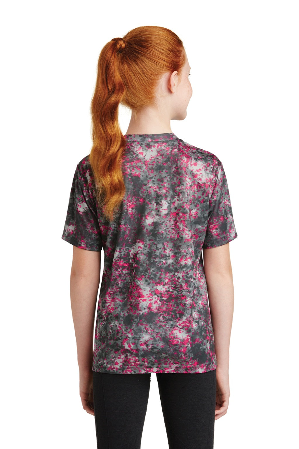 Sport-Tek YST330 Youth Mineral Freeze Moisture Wicking Short Sleeve Crewneck T-Shirt Raspberry Pink Model Back