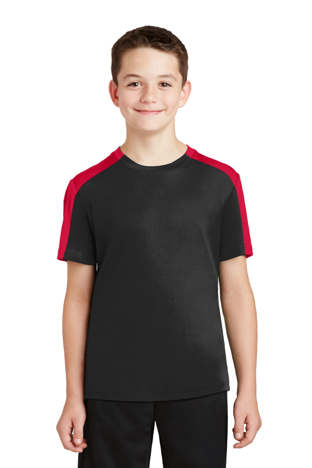 Sport-Tek YST354 Youth Competitor Moisture Wicking Short Sleeve Crewneck T-Shirt Black/True Red Model Front