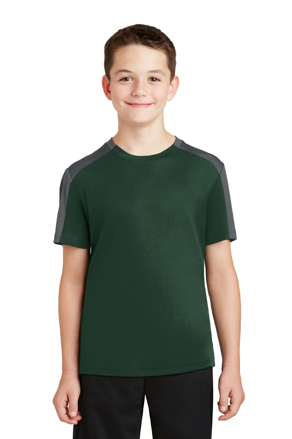 Sport-Tek YST354 Youth Competitor Moisture Wicking Short Sleeve Crewneck T-Shirt Forest Green/Iron Grey Model Front