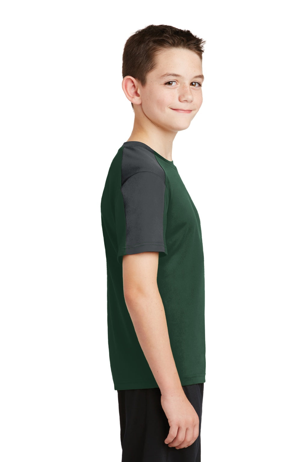Sport-Tek YST354 Youth Competitor Moisture Wicking Short Sleeve Crewneck T-Shirt Forest Green/Iron Grey Model Side