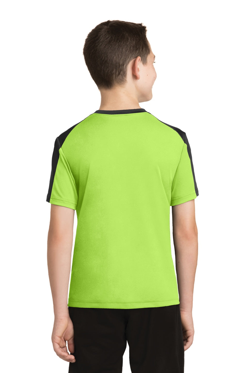 Sport-Tek YST354 Youth Competitor Moisture Wicking Short Sleeve Crewneck T-Shirt Lime Shock Green/Black Model Back
