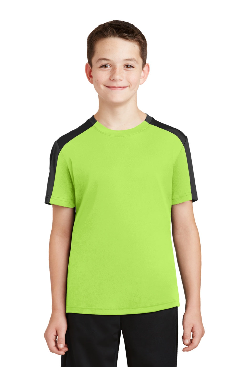 Sport-Tek YST354 Youth Competitor Moisture Wicking Short Sleeve Crewneck T-Shirt Lime Shock Green/Black Model Front