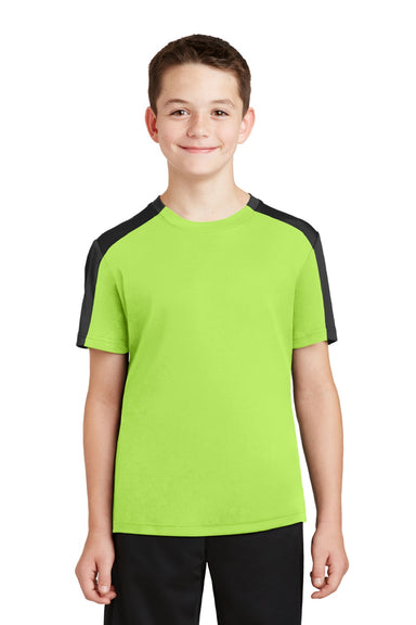 Sport-Tek YST354 Youth Competitor Moisture Wicking Short Sleeve Crewneck T-Shirt Lime Shock Green/Black Model Front