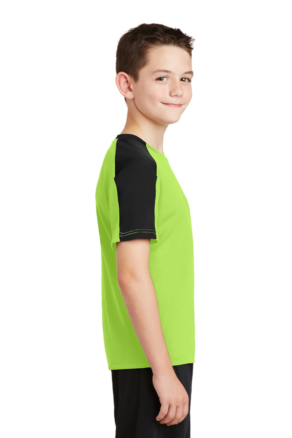 Sport-Tek YST354 Youth Competitor Moisture Wicking Short Sleeve Crewneck T-Shirt Lime Shock Green/Black Model Side