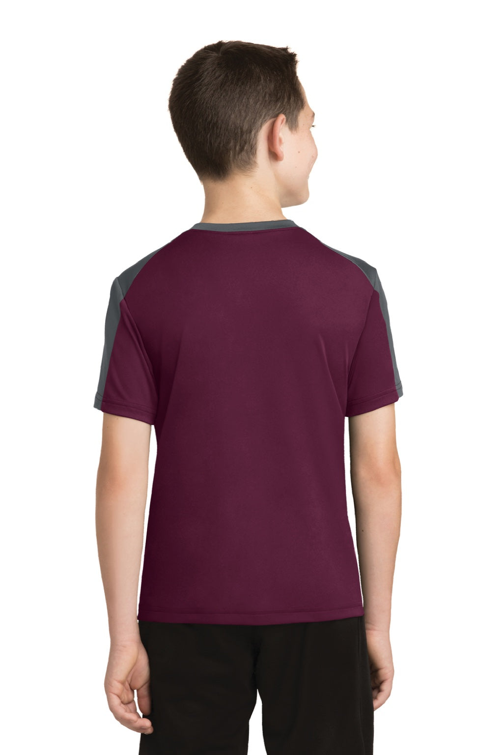 Sport-Tek YST354 Youth Competitor Moisture Wicking Short Sleeve Crewneck T-Shirt Maroon/Iron Grey Model Back
