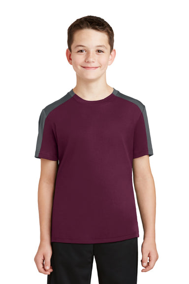 Sport-Tek YST354 Youth Competitor Moisture Wicking Short Sleeve Crewneck T-Shirt Maroon/Iron Grey Model Front