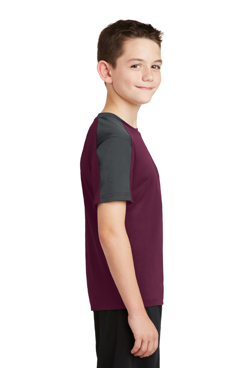 Sport-Tek YST354 Youth Competitor Moisture Wicking Short Sleeve Crewneck T-Shirt Maroon/Iron Grey Model Side