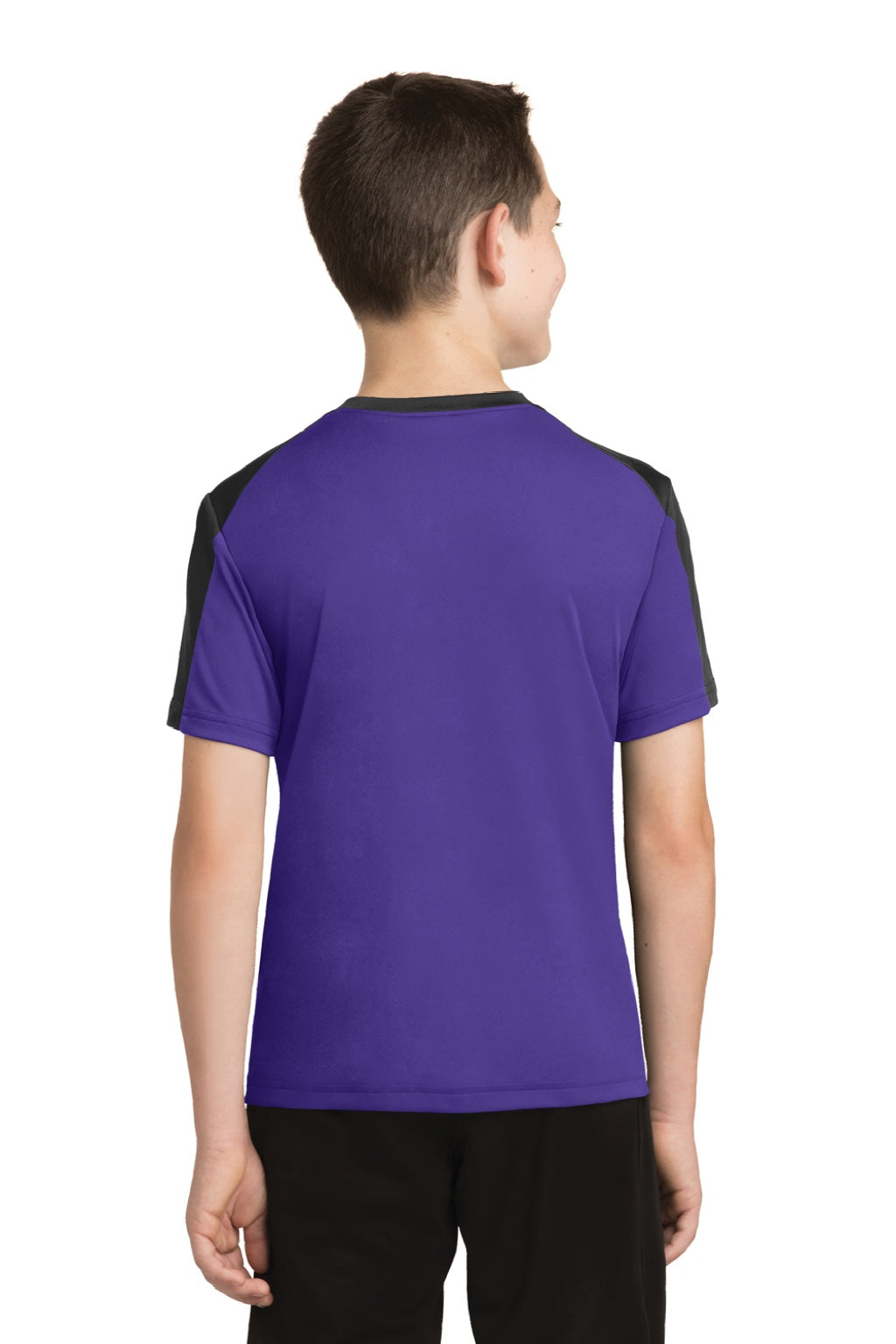 Sport-Tek YST354 Youth Competitor Moisture Wicking Short Sleeve Crewneck T-Shirt Purple/Black Model Back