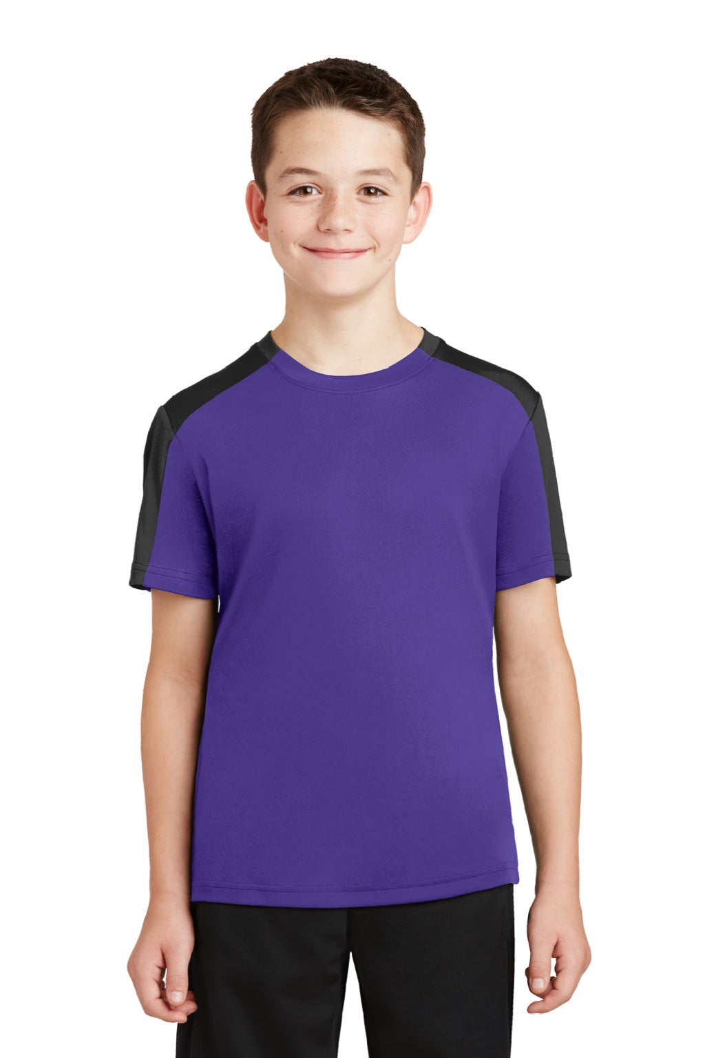 Sport-Tek YST354 Youth Competitor Moisture Wicking Short Sleeve Crewneck T-Shirt Purple/Black Model Front