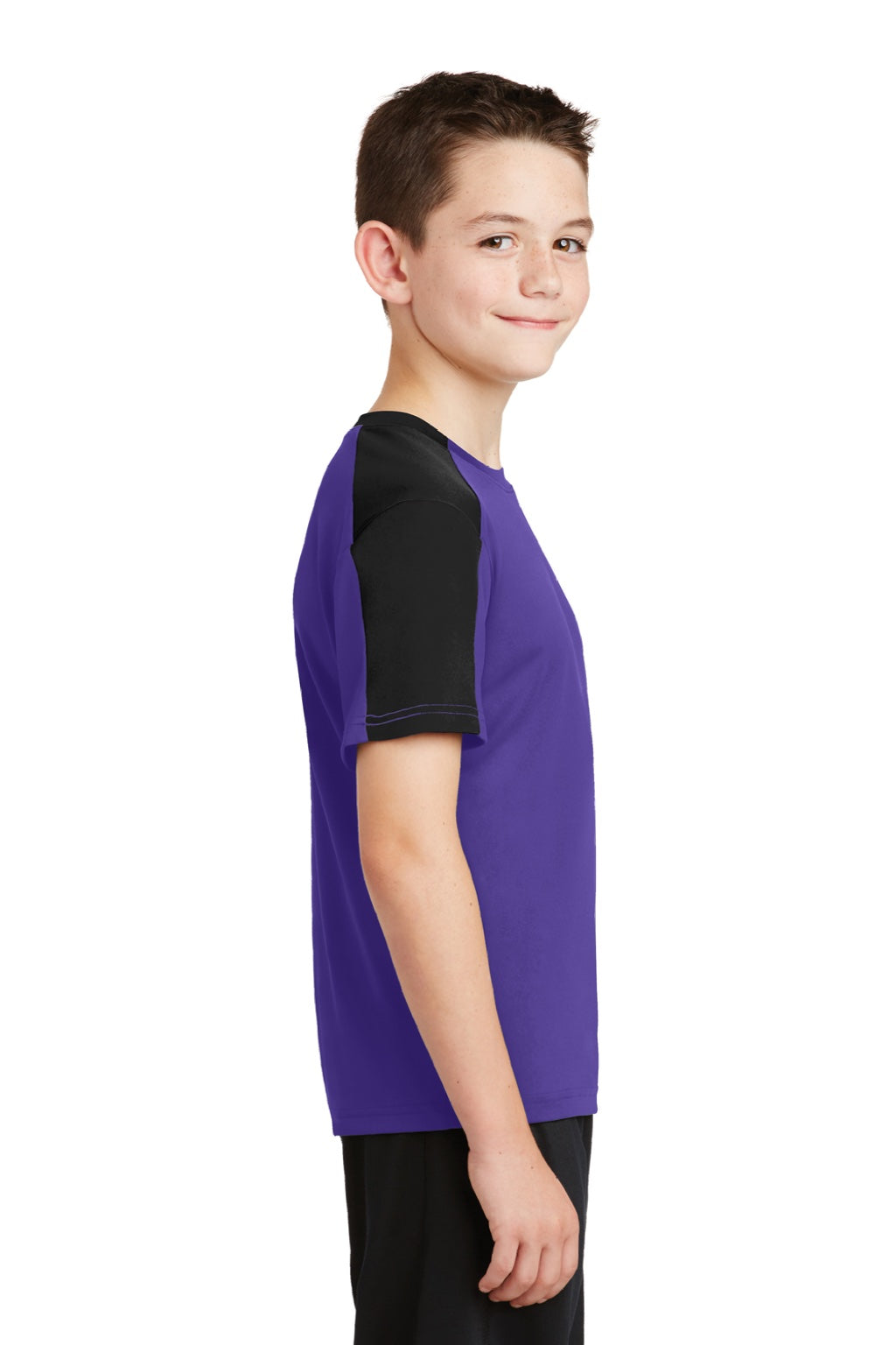 Sport-Tek YST354 Youth Competitor Moisture Wicking Short Sleeve Crewneck T-Shirt Purple/Black Model Side